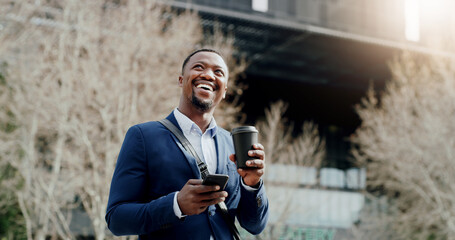 Coffee, phone and planning businessman in city for real estate feedback, ideas or update. App, drink and thinking with happy employee outdoor for commercial property development or communication