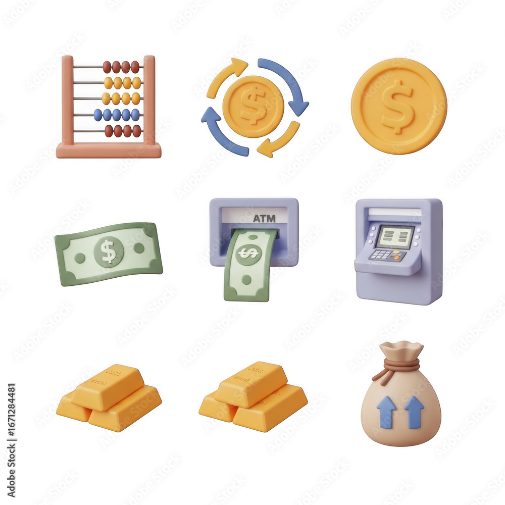 Poster 3d set of finance and banking icons isolated on transparent background