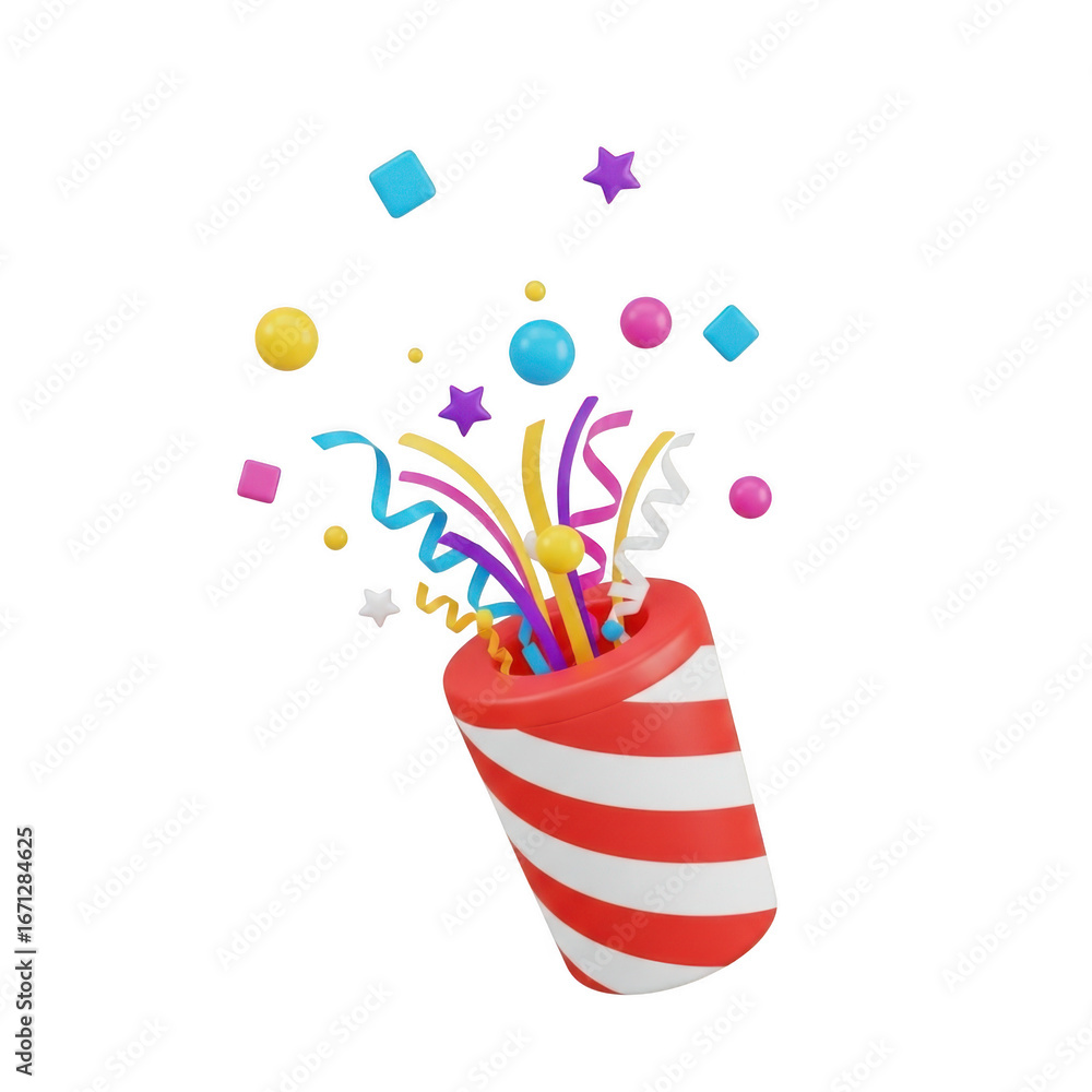 Poster 3d set party popper exploding with confetti isolated on transparent background