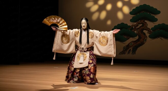 Noh Performer in Traditional Costume and Mask on Stage, Japan