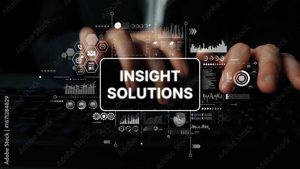 Poster professional hands typing on a keyboard with digital data visualization and insight solutions concep