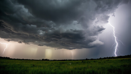 Fototapeta premium Dramatic stormy landscape with dark clouds and lightning striking a green grassy field. Cinematic lighting, highly detailed and photorealistic, capturing nature’s raw power and intense weather.
