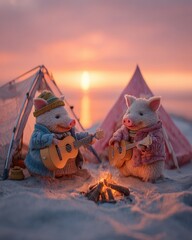 Charming Scene of Two Adorable Piglets in Cozy Attire Playing Guitars by a Campfire on a Serene Beach at Sunset with Tents Nearby