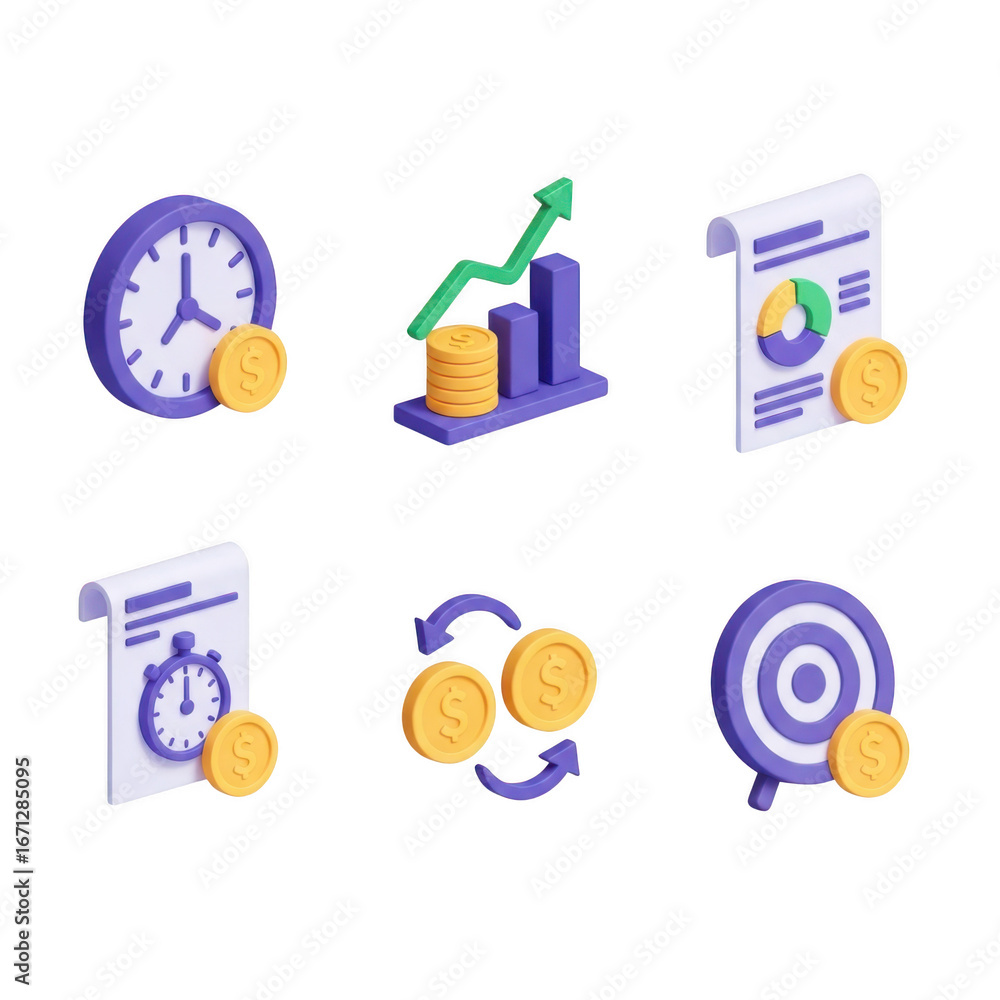 Poster 3d set of financial icons including clock coins chart document target and arrows isolated on transpa