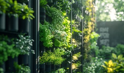 Vertical agriculture featuring shelves brimming with lush green plants, optimizing space and reducing resource usage, embodying a sustainable approach to urban farming, Generative AI