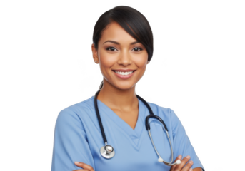 Smiling female doctor or nurse wearing blue scrubs and stethoscope, isolated on transparent background