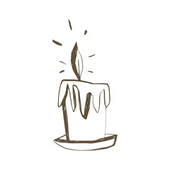 Burning candle with melted wax hand drawn in sketch style for gothic and holiday design
