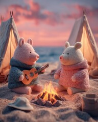 Cozy Evening Beach Bonfire with Two Adorable Plush Piglets in Knitted Sweaters Playing Guitar by Tents at Sunsetplush piglets