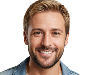 Obraz premium Happy Caucasian man with blond hair, beard stubble, and bright smile wearing a denim jacket; studio portrait, neutral background, cheerful and approachable mood, high-resolution image.