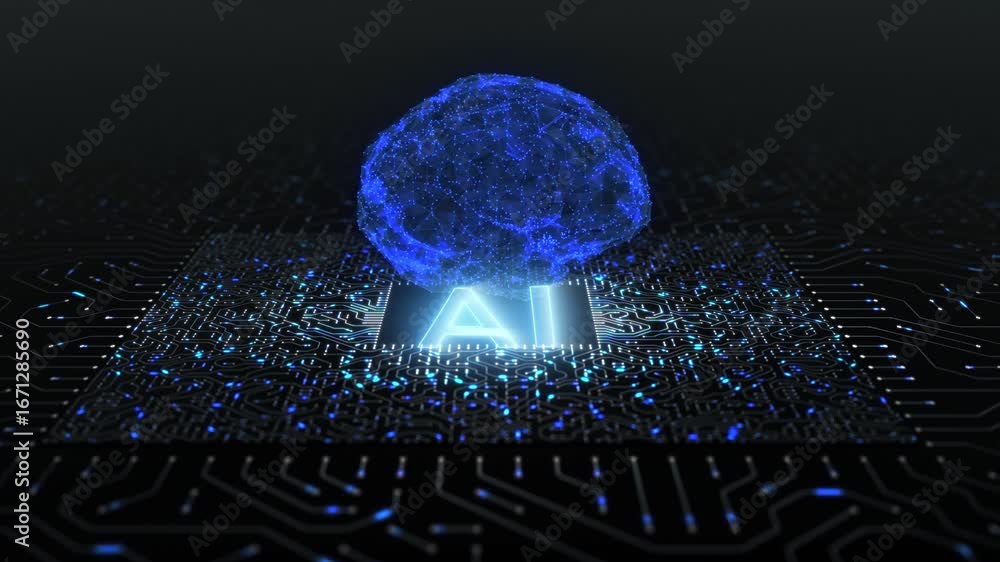 Poster ai artificial intelligence caption and digital brain spins over futuristic motherboard circuits.