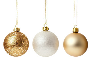 Obraz premium Gold, white, and golden Christmas ornaments hanging on a black backdrop