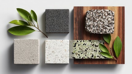 Stone and Tile Material Samples with Green Leaves
