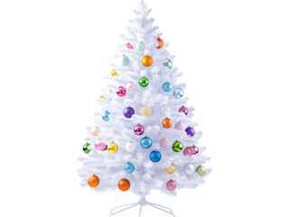 A white Christmas tree with various colorful ornaments, perfect for the holidays.