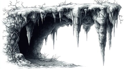 Frozen cave entrance with icicles and wintery overhang