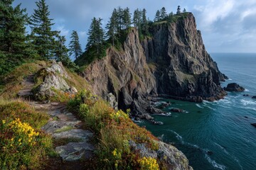 Coastal cliff trail with ocean view, wildflowers
