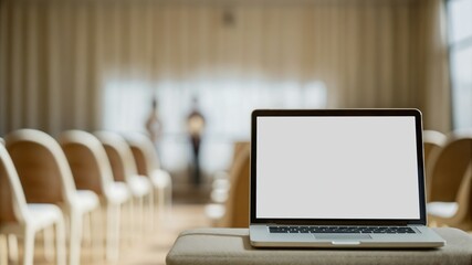 Blank screen laptop on table for presentation and demonstration in seminar room, mockup with copy space