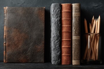Dark-toned leather journal and antique books with pencils