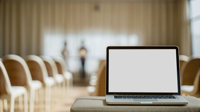 Blank screen laptop on table for presentation and demonstration in seminar room, mockup with copy space