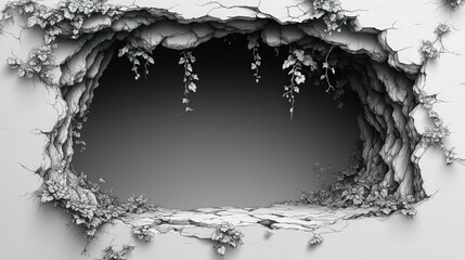 A grayscale, 3D rendering of a cave-like opening within a cracked, textured wall.  Vines hang from the cave's interior