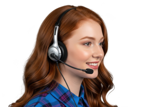 Young female customer service representative with red hair wearing a headset and smiling, isolated on transparent background