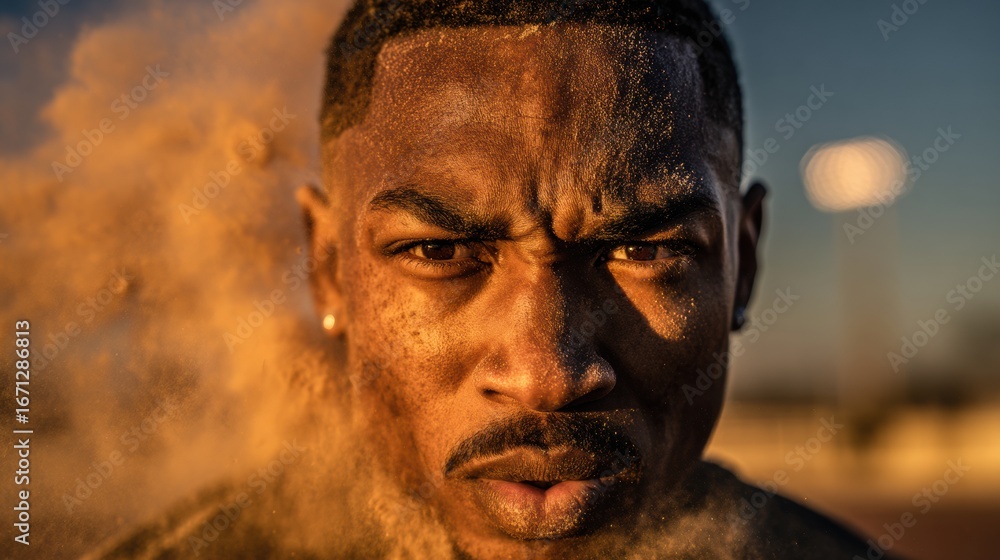 Poster athlete focuses intensely on performance while dust clouds swirl around during training at sunset in