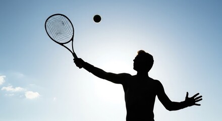 Silhouette of a male tennis player in the process of serving a tennis ball against a bright blue sky.