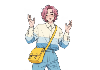 Young anime boy with pink hair and a yellow crossbody bag, wearing a striped shirt and blue pants, with hands raised in a peaceful gesture, isolated on transparent background