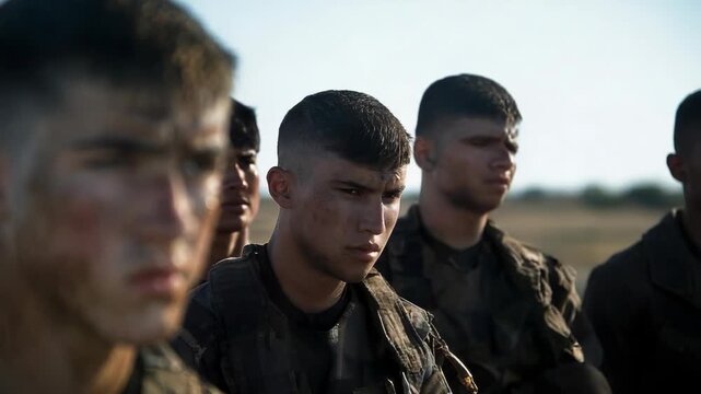 Close-up of young soldiers during intense military training.