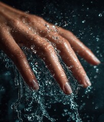 Fototapeta premium Female hand with water droplets splashing against dark background