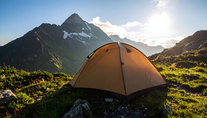 Sunrise Over Mountain Range With Orange Tent