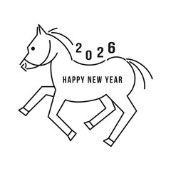 2026年 午年の年賀状 シンプルな走る線画の馬のイラスト 年号と Happy New Year