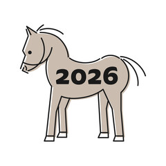 2026年 午年の年賀状 かわいい線画の馬のイラストと年号 茶色