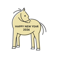 2026年 午年の年賀状 かわいい線画の馬のイラスト  Happy New Year と年号
