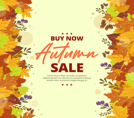 Autumn sale banner with vibrant fall leaves in orange, yellow, and red. Festive design with "Get up to 25%,50%,70% off" text, perfect for seasonal promotions, marketing, and social media campaigns.