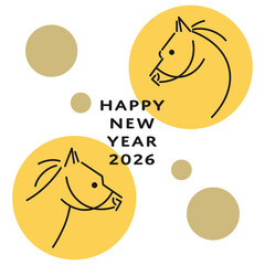 2026年 午年の年賀状 かわいい線画の馬のイラストとドット背景 Happy New Year の文字入り