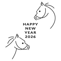 2026年 午年の年賀状 シンプルな線画の馬の横顔 Happy New Year の文字と年号