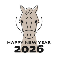 2026年 午年の年賀状 正面を向いたかわいい茶色の馬の顔の線画 Happy New Year と年号