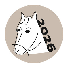 2026年 午年の年賀状 正面を向いたお洒落な線画の馬のロゴ風イラスト