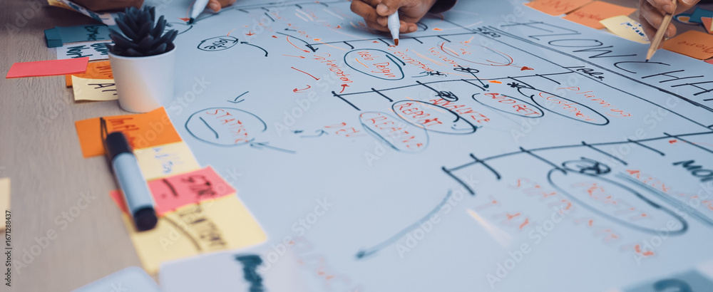 Poster a vibrant team engages in a strategic planning session, using colorful sticky notes and markers to v