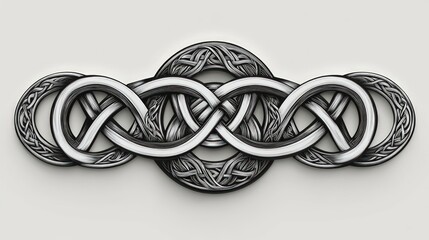 Intricate, stylized Celtic knotwork design, rendered in grayscale.  Three intertwined, repeating knots with ornate details, centered on a light gray background