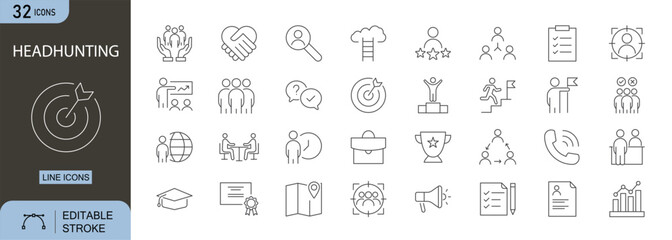 Headhunting icons set. Includes job search, candidate, resume, hire, and recruitment symbols. Editable stroke. Line icons. Perfect for HR, employment, and career services.