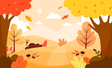 Autumn illustration with vibrant orange and yellow trees, falling leaves, and warm nature scenery. Perfect for banners, backgrounds, greeting cards, and seasonal autumn design projects.