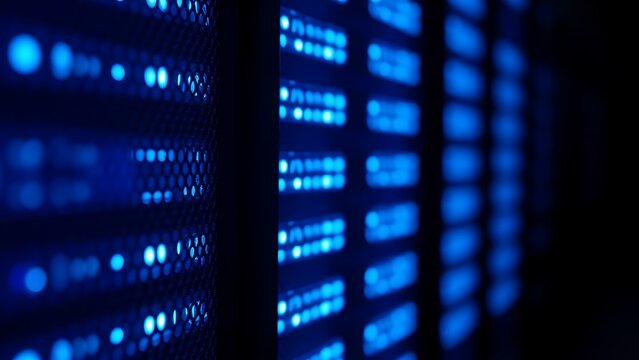 Close-up of glowing blue server rack lights creating an abstract technological pattern on a dark background.