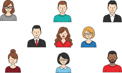 Cartoon portraits of diverse people in 3x3 grid, vector characters with different styles, outfits, professions, community, diversity concept