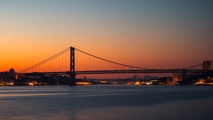 Obraz premium Silhouetted suspension bridge at dusk with city lights