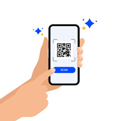 Hand holding smartphone scanning QR code with finger touch on screen, isolated on transparent background. Perfect concept for mobile payment, digital transaction, technology,  online service. png