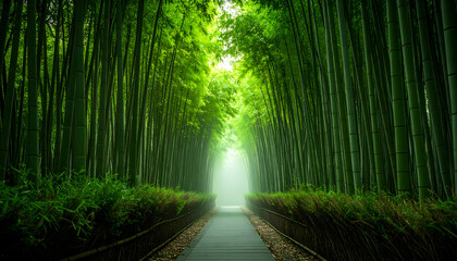 Fototapeta premium Pathway Through Lush Green Bamboo Forest in Soft Light