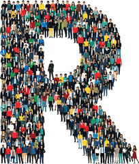 Crowd of diverse people forming capital letter R, colorful human figures vector symbolizing unity, collaboration, community, diversity, creative typography design
