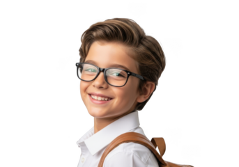 A happy young boy with glasses and a backpack, smiling confidently, isolated on transparent background, representing education and learning