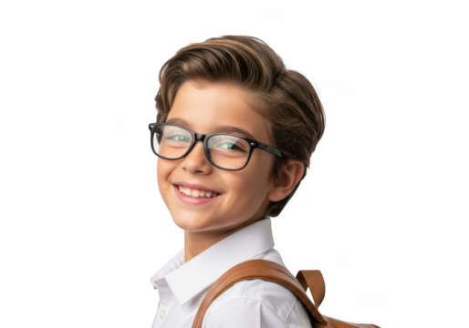 A happy young boy with glasses and a backpack, smiling confidently, isolated on transparent background, representing education and learning